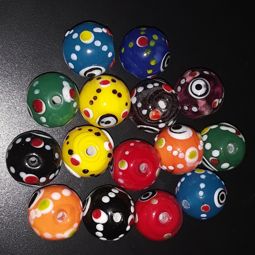 Beads - Multicolored Round 14 mm Lampwork Beads (15) - New